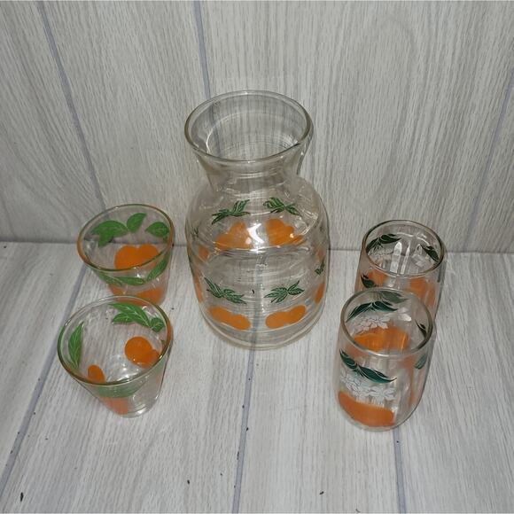 Vntg 1960s Orange Juice Carafe Juice Glasses And Shot Glasses Lot Of 5 Barware - Picture 3 of 7